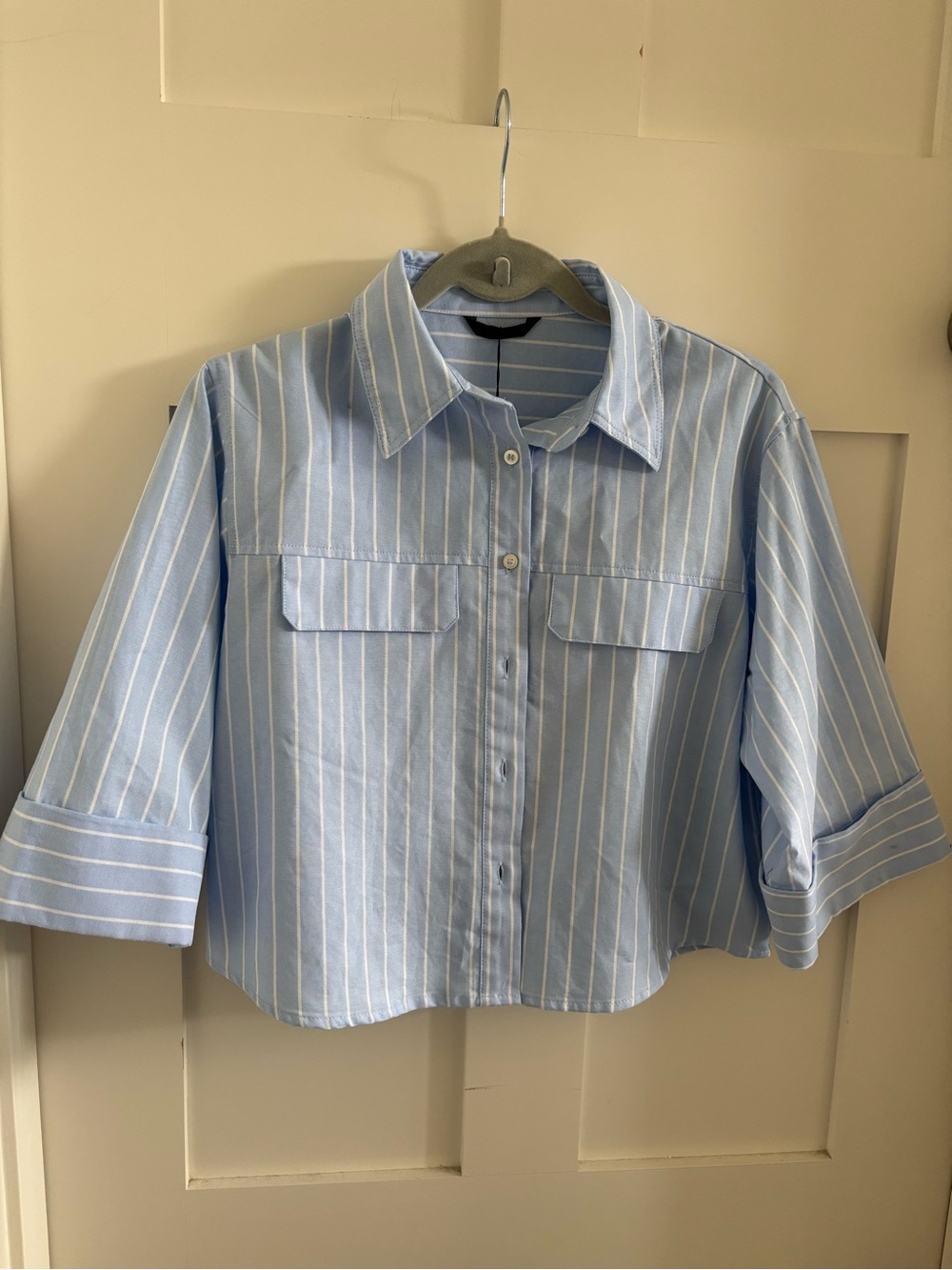 Zara Light Blue and White Striped Button-Down Shirt
